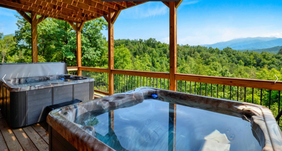 Smoky Mountains cabin hot tub with mountain view